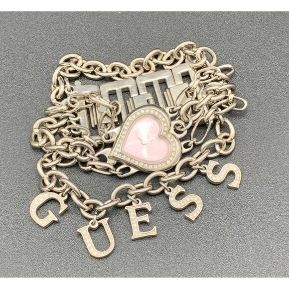 VTG Rare Y2K Guess Silver Tone Chain Pink Heart Watch Bracelet Charms 90s - Picture 2 of 10